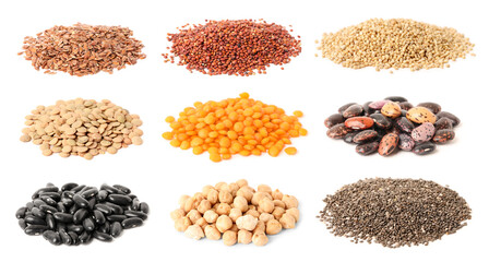 Set with different legumes, grains and seeds on white background, banner design. Vegan diet