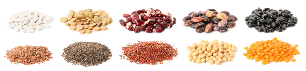 Set with different legumes, grains and seeds on white background, banner design. Vegan diet