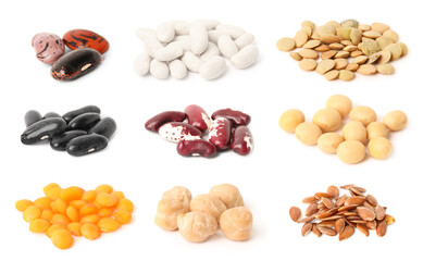 Set with different legumes, grains and seeds on white background. Vegan diet