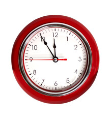 Five minutes to twelve. Red round analog clock isolated on white background.