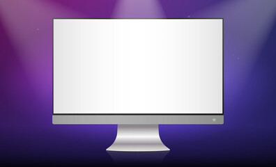 Monitor on a podium for a product presentation or showcase with spotlights on a blue purple background. 3D modern minimalist layout. Vector illustration.
