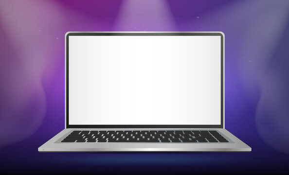 Laptop on podium for product presentation or showcase with spotlights on blue purple background. 3D modern minimalist layout. Vector illustration.