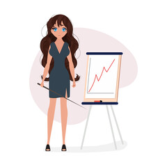 The girl makes a presentation. Simple and trendy vector concept design. Friendly business woman standing next to a presentation screen, holding a pointer and smiling.