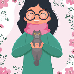 Happy preschool child girl holding a cat in her arms. Children's cartoon character with a cat. Flat vector isolated illustrations.