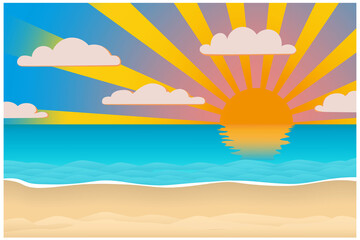 Fototapeta na wymiar Landscape of a sunrise on the beach. Vector illustration.