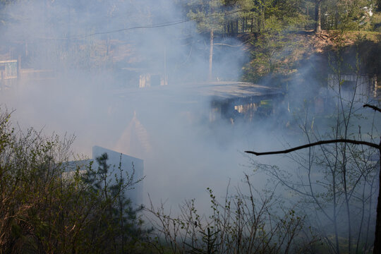 Airsoft battle with purple smoke on field