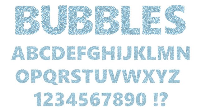 Hand-drawn alphabet in primitive style random sized soft blue bubbles. Simple vector illustration