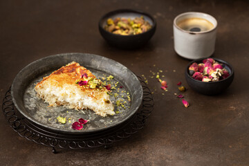 Sweets arabic dessert  kunafa,  kadayif with pistachio and cheese 