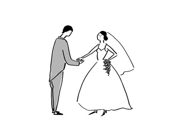 Fototapeta premium 新婦、花嫁の手を取る新郎、ウエディング、結婚式（白黒）