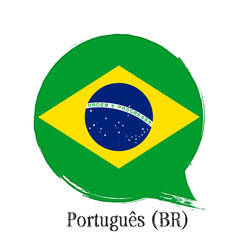 “Português do Brasil”- Portuguese in Brazil. Learn Brazilian language. Flag of Brazil, banner with grunge brush, vector illustration.