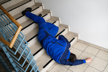 Worker Man Lying On Staircase After Slip