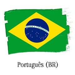 “Português do Brasil”- Portuguese in Brazil. Learn Brazilian language. Flag of Brazil, banner with grunge brush, vector illustration.