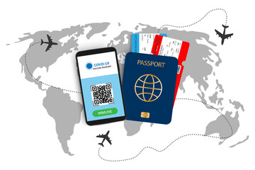 Passport with tickets and vaccination certificate. Smartphone immunity passport with airplane tickets inside.Vacation and travel concept .World map,flying airplanes,vacation concept
