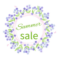 summer sale banner with blue and lilac forget-me-not flowers, with flying pink butterflies. vector illustration.