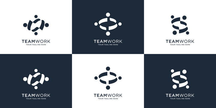Set of collection social group logo. teamwork, community, rounded, abstract people. Premium Vector