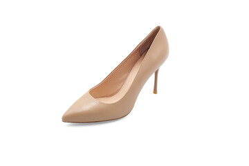 Isolate women's beige high-heeled shoes made of leather on a white background.