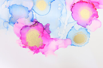 art photography of abstract fluid painting with alcohol ink, blue, pink and gold colors