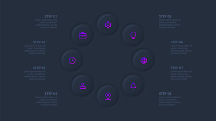 Dark neumorphic element for infographic. Template for diagram, graph, presentation and chart. Skeuomorph concept with 8 options, parts, steps or processes