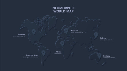 Dark neumorphic map with markers. Skeuomorph presentation slide.