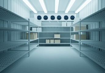 Freezer warehouse. Racks stand along the warehouse wall. Room for freezing products. Storage of...