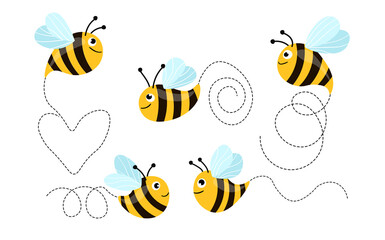 Set of cartoon bee mascot. A small bees flying on a dotted route. Wasp collection. Vector characters. Incest icon. Template design for invitation, cards. Doodle style