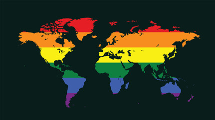 Vector image of a LGBTQ symbol. Rainbow world map, The most widely known worldwide is the pride symbol representing LGBT pride. 