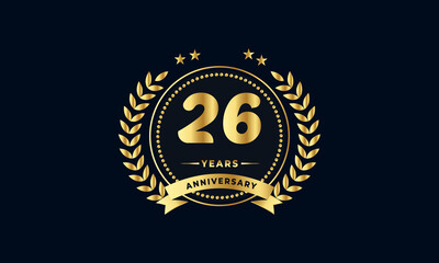 26th golden anniversary logo, with shiny ring and golden ribbon, laurel wreath isolated on navy blue background