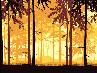 Forest background, silhouettes of trees. Magical misty landscape. Yellow, orange, brown illustration.