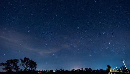 Naklejka premium Panorama blue night sky milky way and star on dark background.Universe filled with stars, nebula and galaxy with noise and grain