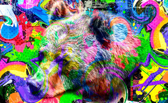 grunge background with graffiti and painted bear