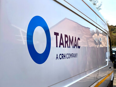 Pontypridd, Wales - April 2020: Logo Of The Tarmac Construction Company On The Side Of A Van In South Wales