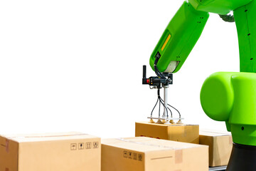 Close up precision robot arm and automatic vacuum or suction cup for pick - place transport paper...