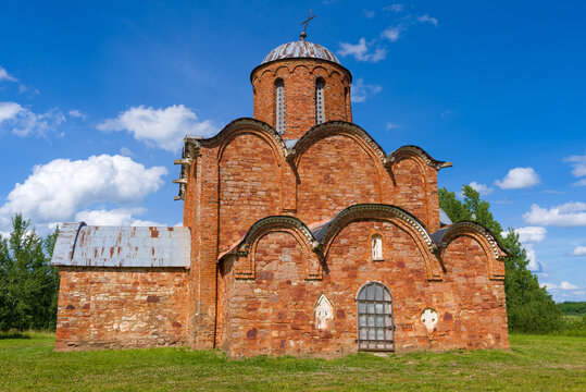 Ancient Church of the Transfiguration of the Savior (Savior on Kovalevo) close-up on a sunny June day. Outskirts of Veliky Novgorod, Russia