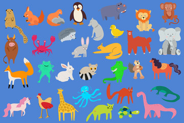 Obraz premium a large set of vector animals drawn by hand. giraffe, cat, dinosaur, beaver, fox. Animals for children's books, postcards, clothes