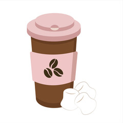 Disposable coffee cup with marshmello. Vector illustration. Good morning.