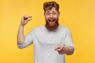 young redhead funny bearded man, smiling cheerfully, show something small with one hand and point to the camera with another. laughs. isolated over yellow background.