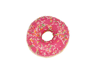 Traditional donut top view. A glamorous doughnut in pink frosting topped with a colorful pastry sprinkle. Photo isolated on a white background for design and advertising.