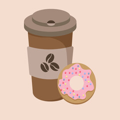 Disposable coffee cup with donut. Vector illustration. 