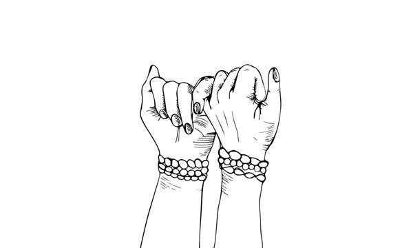 Young Woman's Hands of Different Races in Doodle style making Pinky Promise. Copy Space Web Banner. Vector Illustration Outline