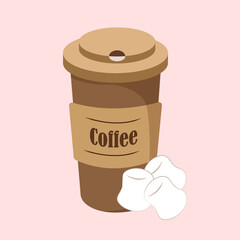 Disposable coffee cup with marshmello. Vector illustration. Good morning.