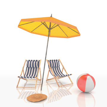 3d Illustration - Sommerurlaub - Liegest&uuml;hle - Sonnenschirm - Badeball