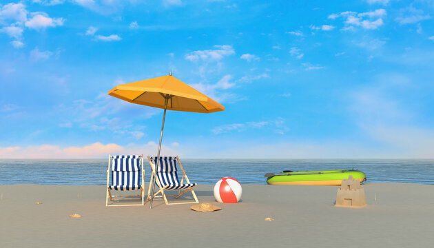 3d Illustration - Sommerurlaub - Sandstrand - Liegest&uuml;hle - Sonnenschirm - Badeball  - Textfreiraum
