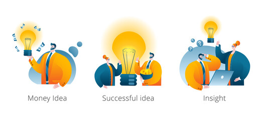 A man in a business suit holds a light bulb, around which money flies. Characters find ideas. A set of vector illustrations for mobile applications.