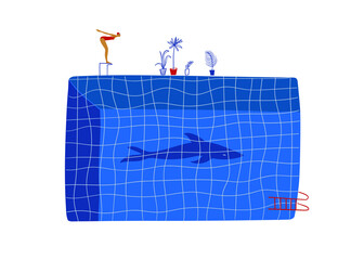 Funny cartoon woman swimmer and a shark shadow - 436374737