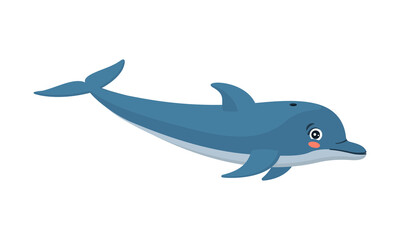 Cartoon cute dolphin. Blue mammal character with kawaii eyes. Color vector illustration. White isolated background.