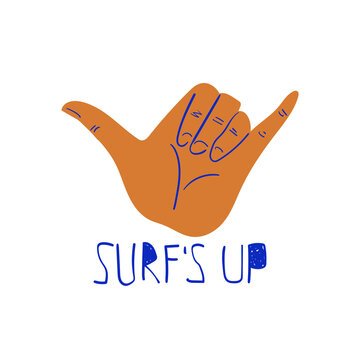 Illustration with surf hand gestue hang loose