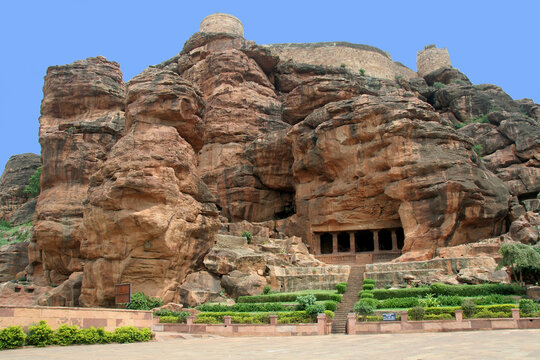 Fort atop a rocky mountain and first cave temple at Badami, Karnataka, India, Asia