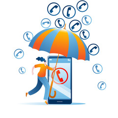 A girl with an umbrella protects her mobile phone from spam calls. The concept of a vector illustration on the topic of protection against phone fraud and spam calls. - obrazy, fototapety, plakaty