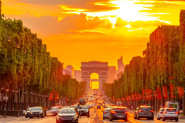 Golden Summer Sunset on the Champs Elysees in Paris