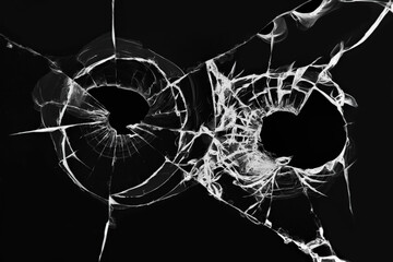 The effect of broken glass from a shot. Illustration of holes from pistol bullets in the windshield of a car on a black background.